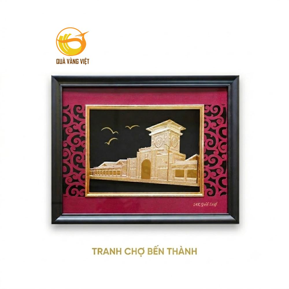 Tranh chợ bến thành mạ vàng 24k kích thước 27x34 cm